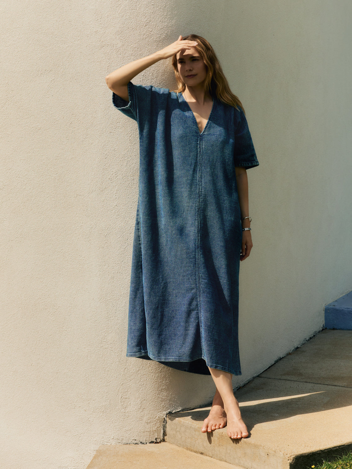 bleached indigo open weave caftan