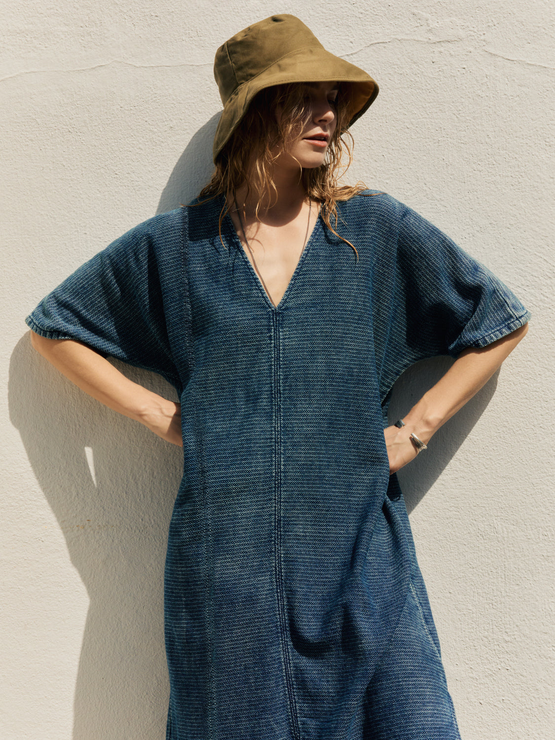 bleached indigo open weave caftan