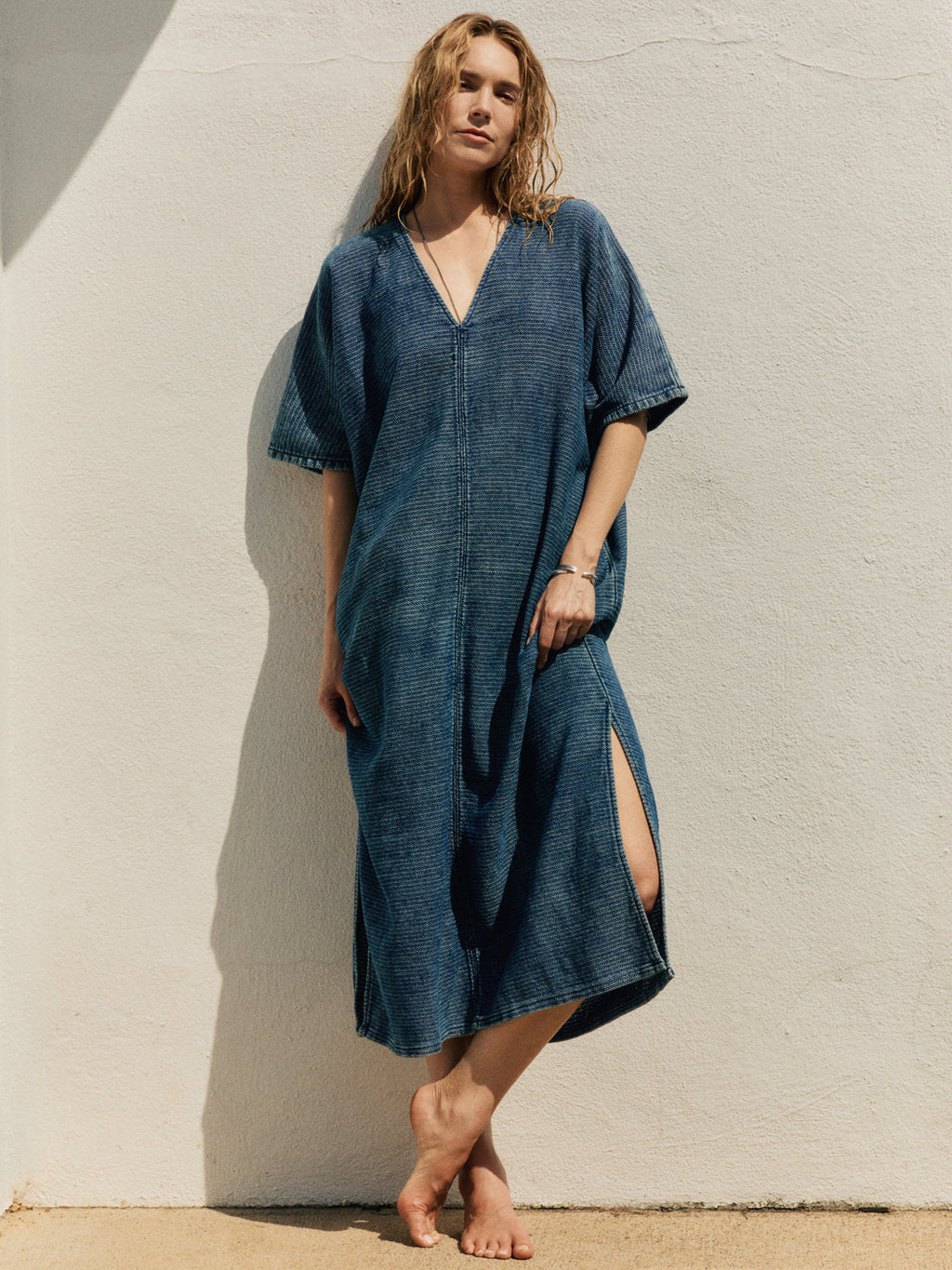 bleached indigo open weave caftan