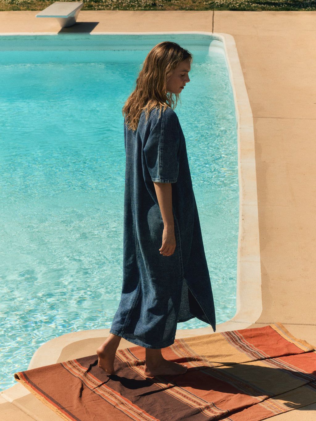 bleached indigo open weave caftan