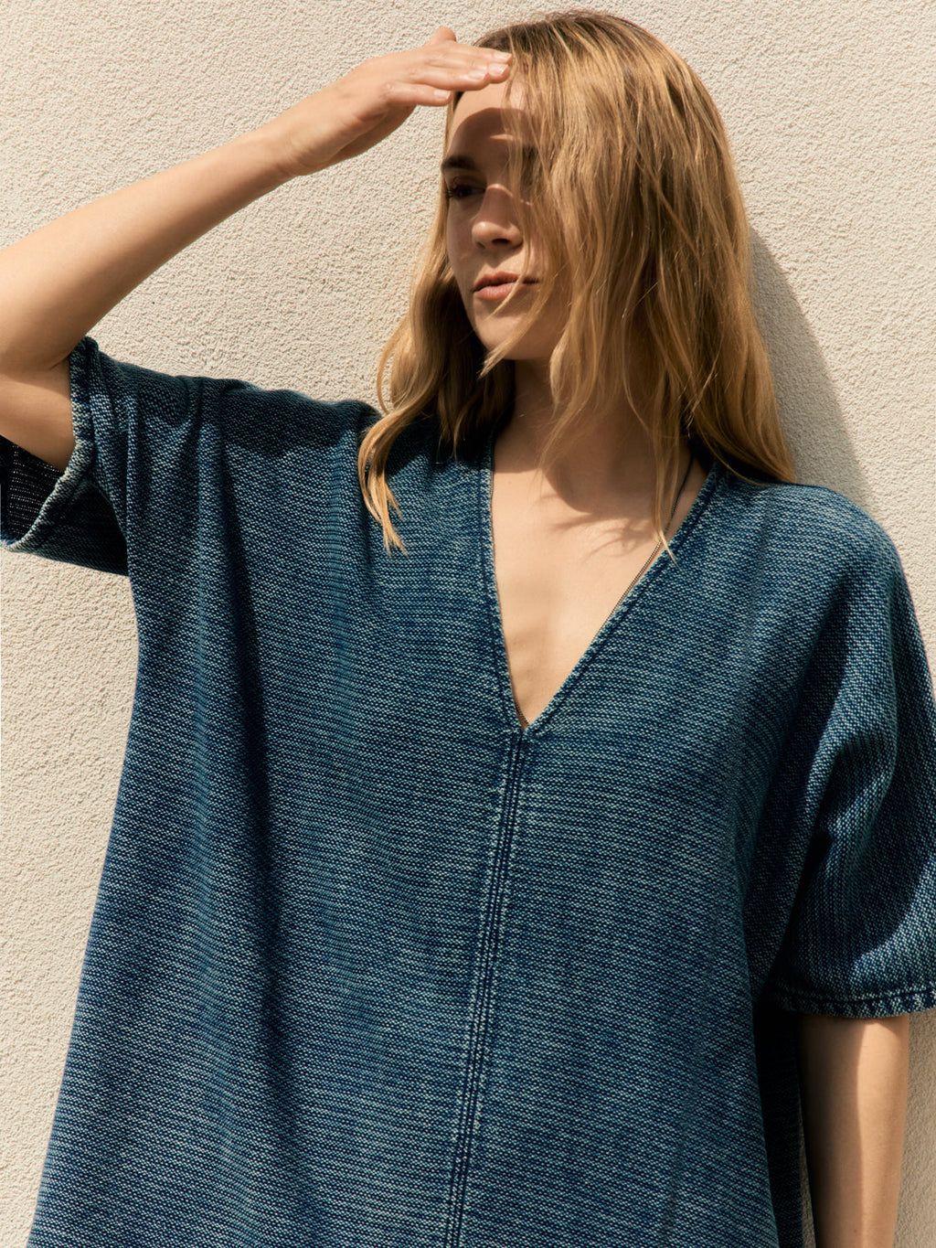 bleached indigo open weave caftan